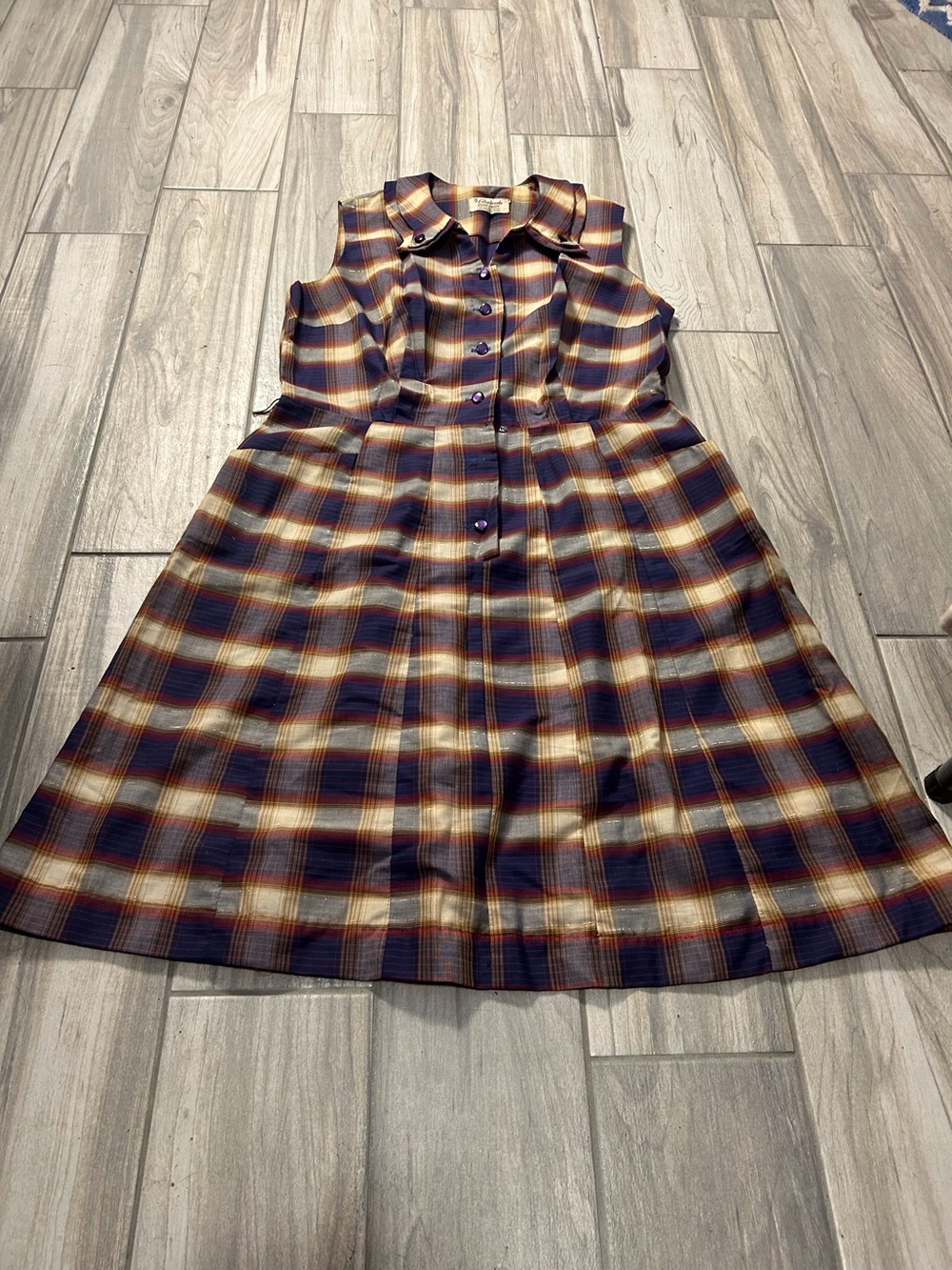 Vintage 60’s Sleeveless Plaid Button-Front Dress Navy Brown Retro Plaid Timeless